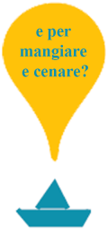 Immagine con barca di carta e testo su mangiare e cenare in una nuvola gialla.